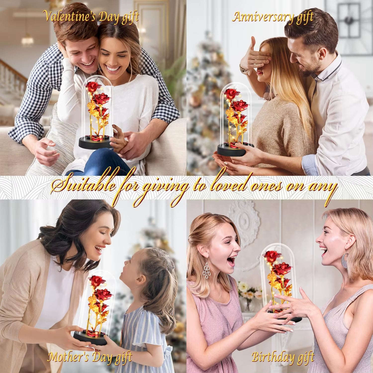 Glass Rose Flower for Women，Light up Rose in a Glass Dome,Rose Gifts for Christmas， Anniversary，Wedding，Valentines，Birthday