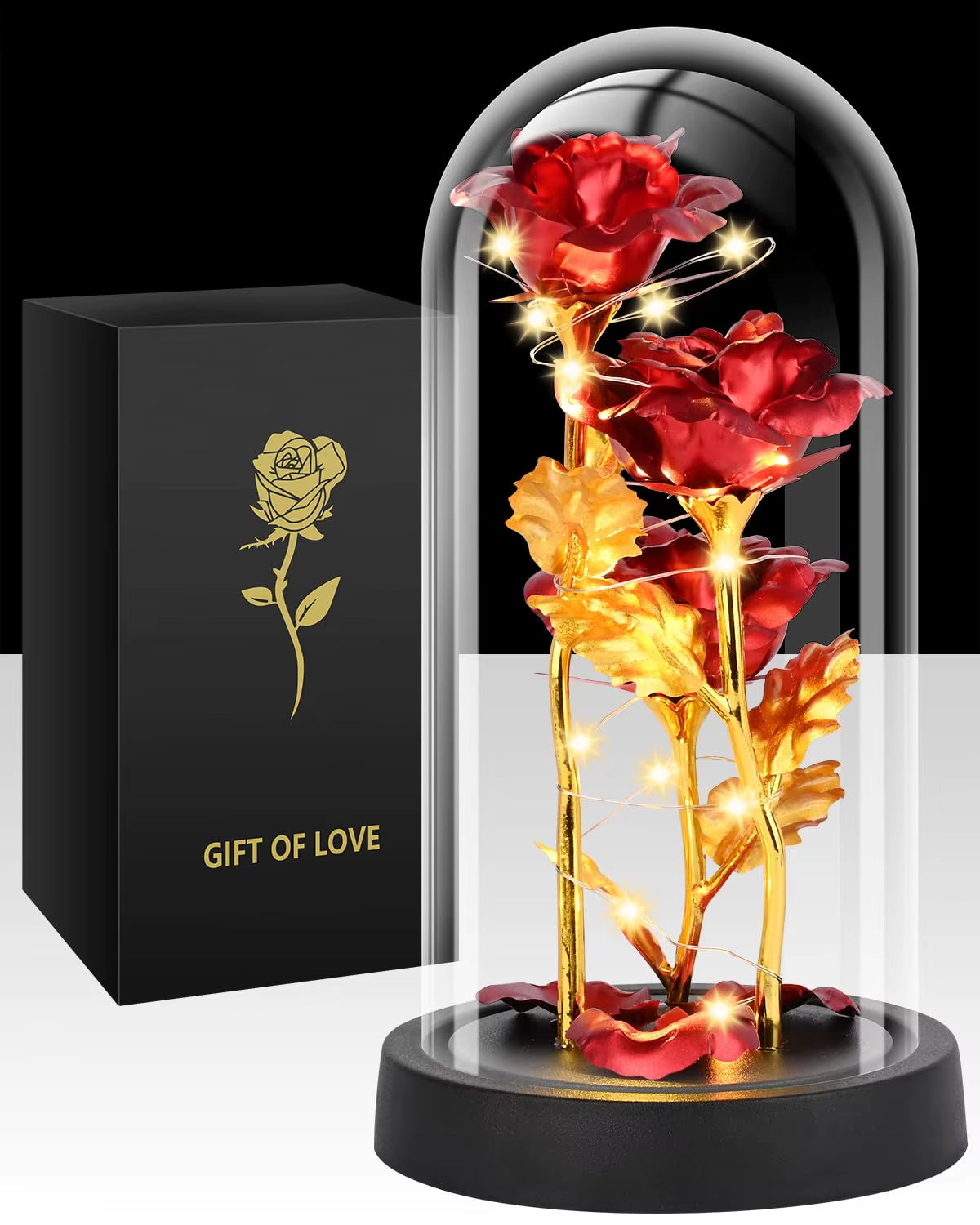 Glass Rose Flower for Women，Light up Rose in a Glass Dome,Rose Gifts for Christmas， Anniversary，Wedding，Valentines，Birthday
