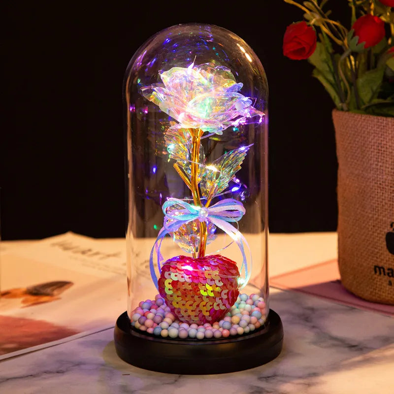 HOT Red Rose with LED Light in Glass Dome Rose in Flask Beauty and the Beast for Wedding Party Decoration Anniversary Lover Gift