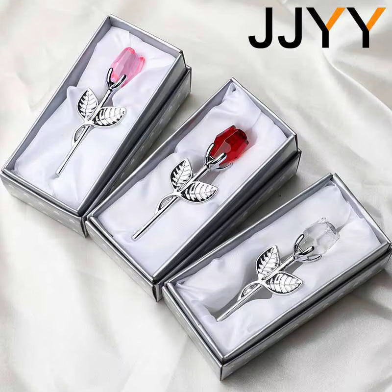 Valentines Day Gift Crystal Glass Rose Flower Figurines Craft Favors Lovers Gift Souvenir Wedding Decoration Ornaments Gift Box