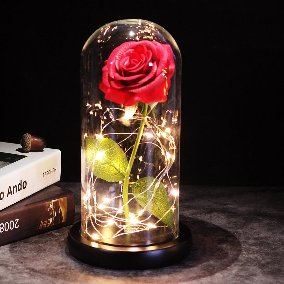 HOT Red Rose with LED Light in Glass Dome Rose in Flask Beauty and the Beast for Wedding Party Decoration Anniversary Lover Gift