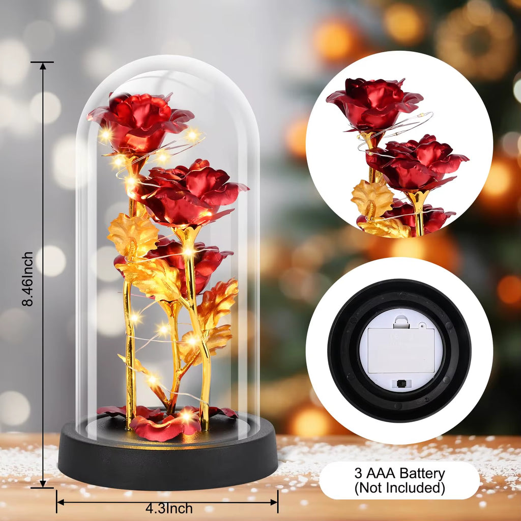 Glass Rose Flower for Women，Light up Rose in a Glass Dome,Rose Gifts for Christmas， Anniversary，Wedding，Valentines，Birthday