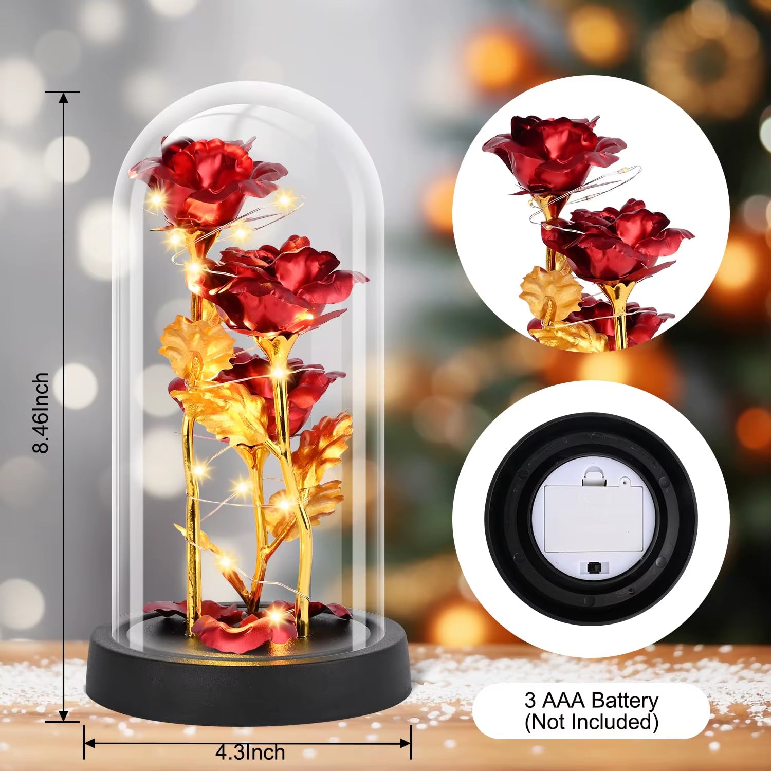 Glass Rose Flower for Women，Light up Rose in a Glass Dome,Rose Gifts for Christmas， Anniversary，Wedding，Valentines，Birthday