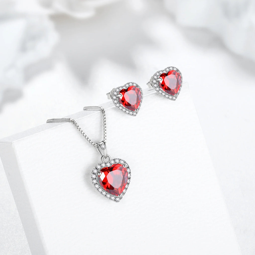 Red Heart Women Jewelry Sets Garnet January Birthstone Jewelry Set Necklace Earrings 925 Sterling Silver Pendant Mother Birthday Christmas Valentines Gifts Idea