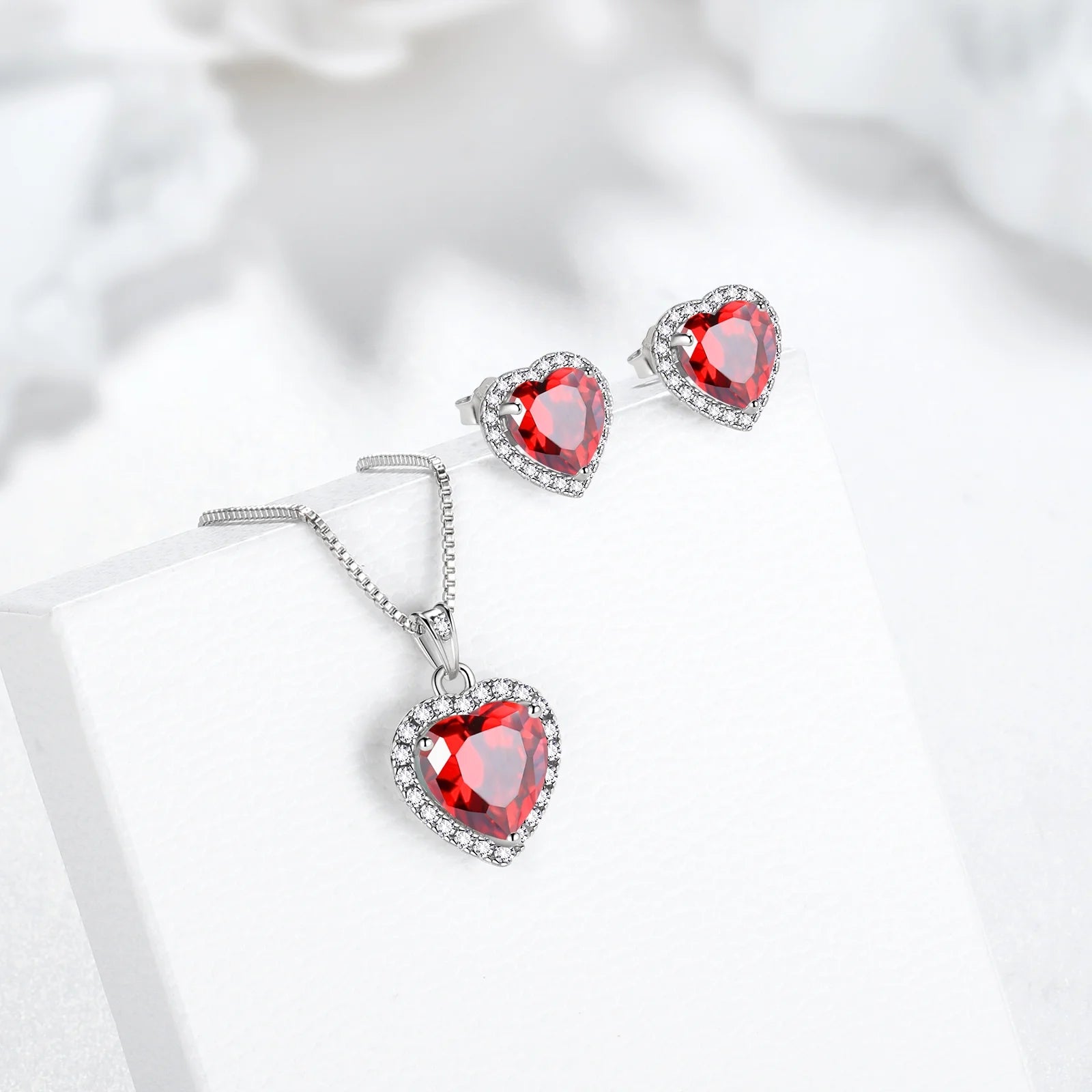 Red Heart Women Jewelry Sets Garnet January Birthstone Jewelry Set Necklace Earrings 925 Sterling Silver Pendant Mother Birthday Christmas Valentines Gifts Idea