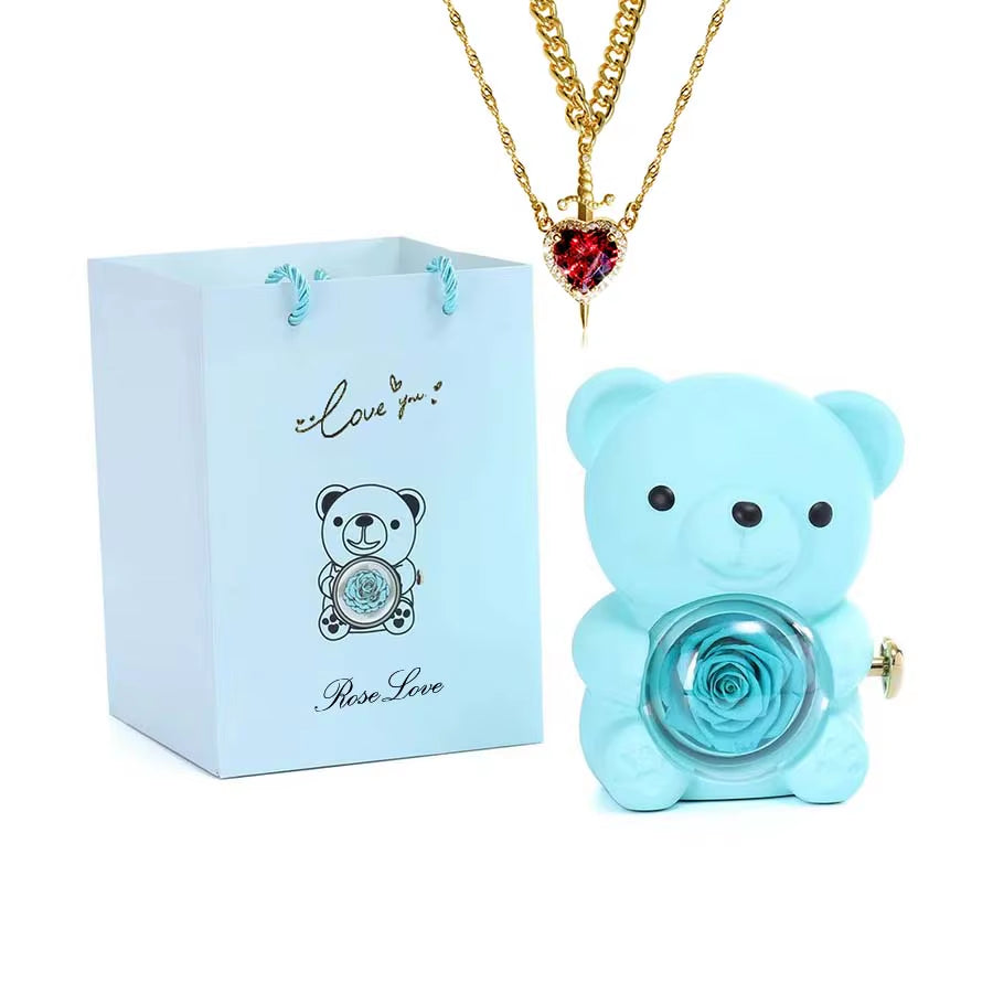 Mini Teddy Bear with Preserved Rose with Necklace Gift Box Romantic Bear Roses Gifts for Valentines Anniversary Day Birthday