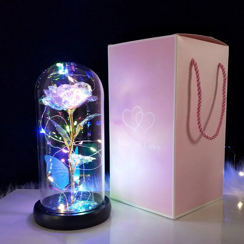 HOT Red Rose with LED Light in Glass Dome Rose in Flask Beauty and the Beast for Wedding Party Decoration Anniversary Lover Gift