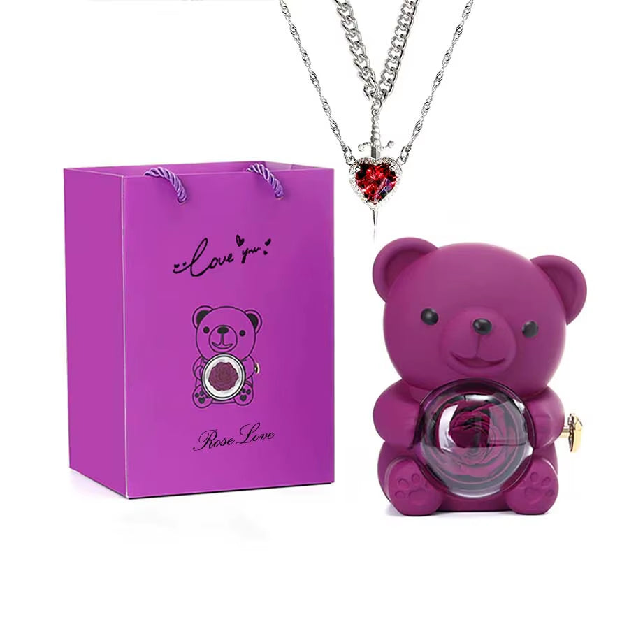 Mini Teddy Bear with Preserved Rose with Necklace Gift Box Romantic Bear Roses Gifts for Valentines Anniversary Day Birthday