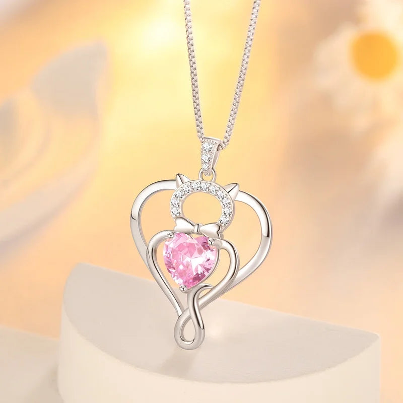 925 Sterling Silver Heart October Tourmaline Birthstone Necklace,Cat Pendant Necklace Cute Animal Jewelry Birthday Christmas Valentines Gifts for Women
