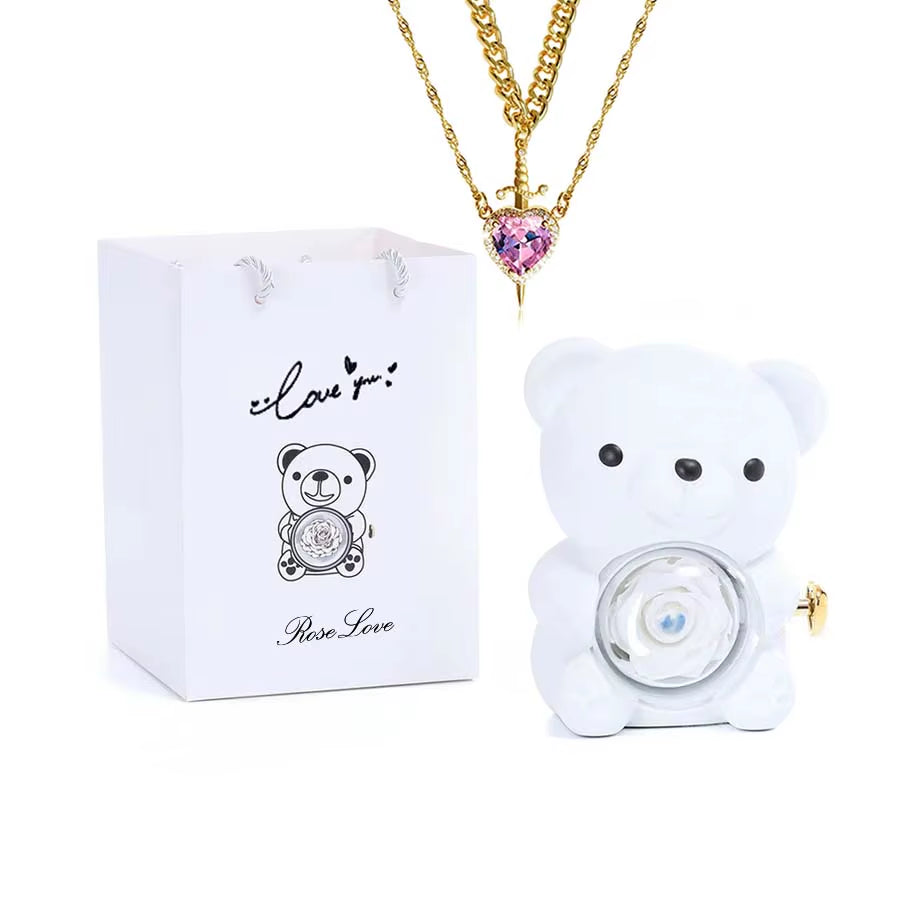 Mini Teddy Bear with Preserved Rose with Necklace Gift Box Romantic Bear Roses Gifts for Valentines Anniversary Day Birthday