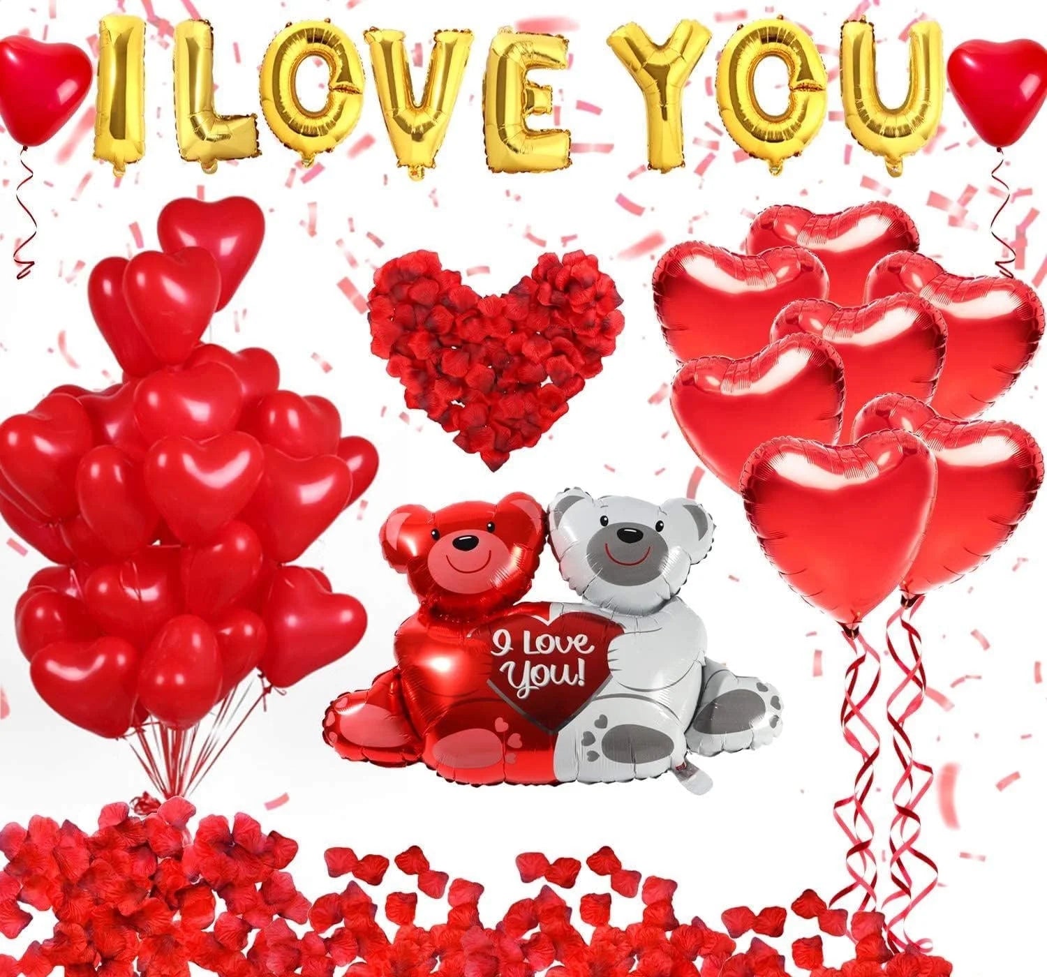 Valentines Day Balloon Kits, Red Heart, I Love You and Teddy Bear Balloons Rose Petals, Foil Latex, Gold Red