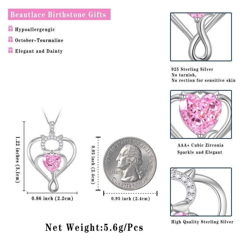 925 Sterling Silver Heart October Tourmaline Birthstone Necklace,Cat Pendant Necklace Cute Animal Jewelry Birthday Christmas Valentines Gifts for Women