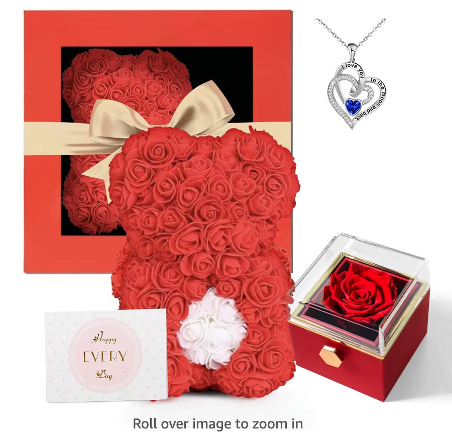 Christmas Rose Bear Necklace Pendant Set Artificial Flower Anniversary Birthday Valentines Gifts for Mother Women Girlfriend