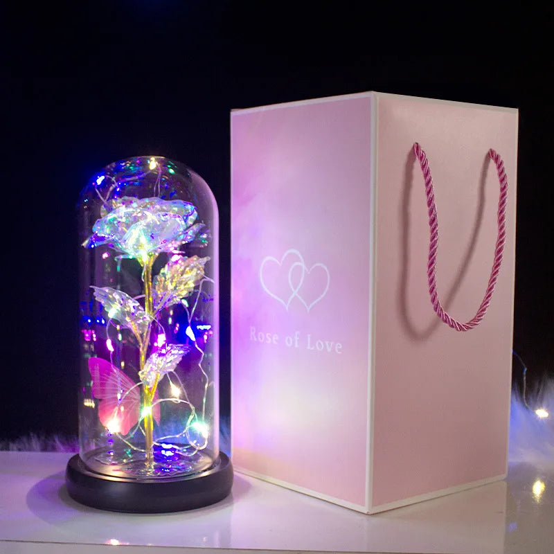 HOT Red Rose with LED Light in Glass Dome Rose in Flask Beauty and the Beast for Wedding Party Decoration Anniversary Lover Gift