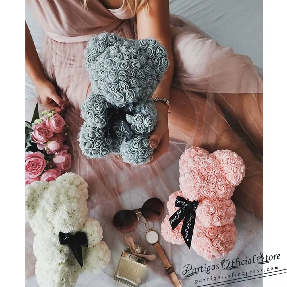 DIY Valentines Day Gifts Red Rose Bear Artificial Foam Roses Flower Wedding Engagement Decoration Little Bear Mold Bear Teddy