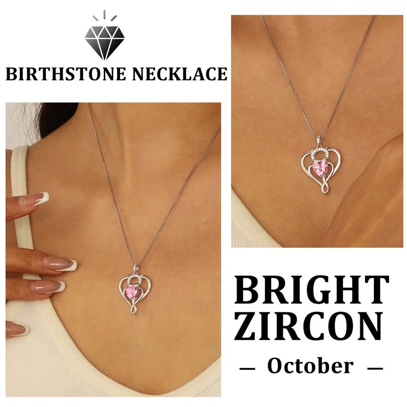 925 Sterling Silver Heart October Tourmaline Birthstone Necklace,Cat Pendant Necklace Cute Animal Jewelry Birthday Christmas Valentines Gifts for Women