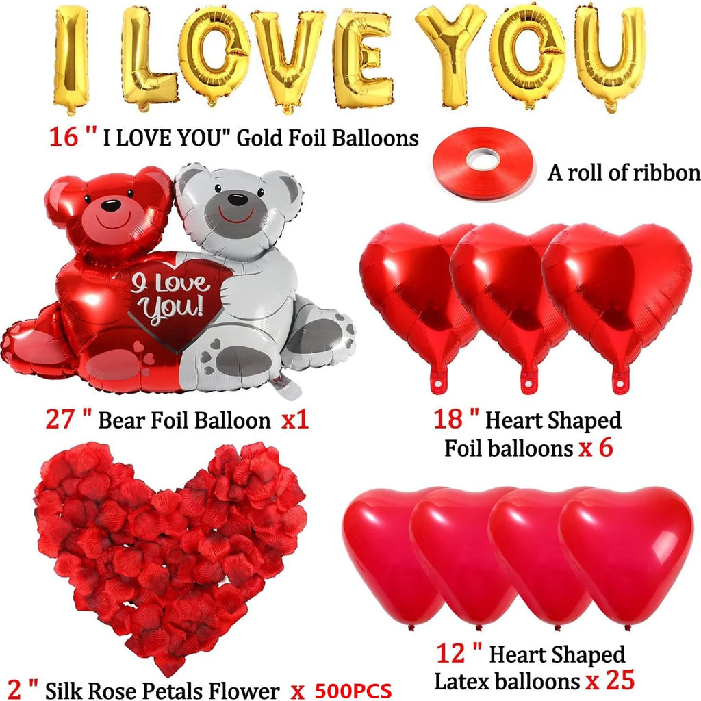 Valentines Day Balloon Kits, Red Heart, I Love You and Teddy Bear Balloons Rose Petals, Foil Latex, Gold Red