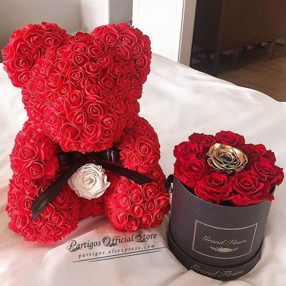 DIY Valentines Day Gifts Red Rose Bear Artificial Foam Roses Flower Wedding Engagement Decoration Little Bear Mold Bear Teddy