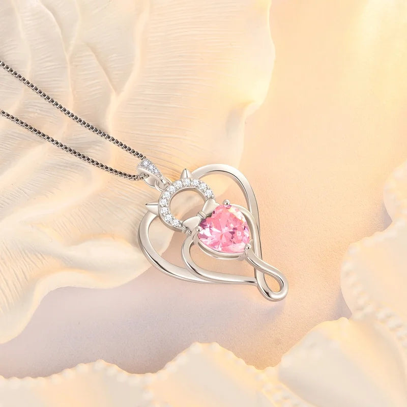 925 Sterling Silver Heart October Tourmaline Birthstone Necklace,Cat Pendant Necklace Cute Animal Jewelry Birthday Christmas Valentines Gifts for Women