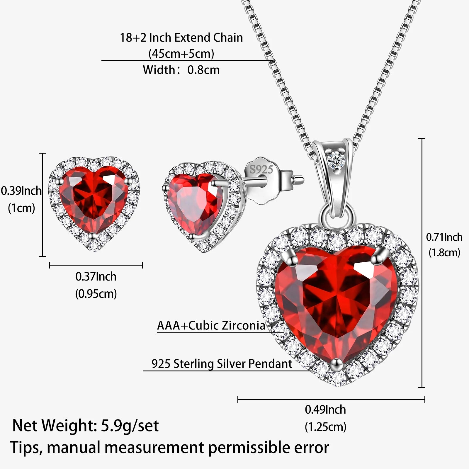 Red Heart Women Jewelry Sets Garnet January Birthstone Jewelry Set Necklace Earrings 925 Sterling Silver Pendant Mother Birthday Christmas Valentines Gifts Idea