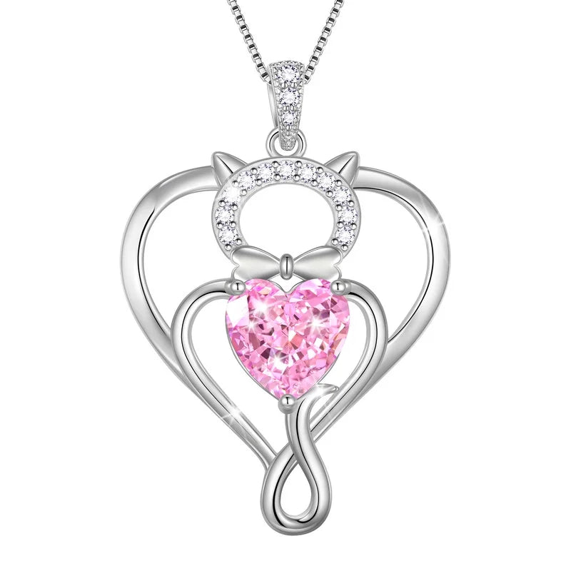 925 Sterling Silver Heart October Tourmaline Birthstone Necklace,Cat Pendant Necklace Cute Animal Jewelry Birthday Christmas Valentines Gifts for Women