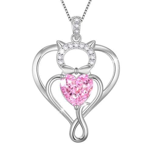 925 Sterling Silver Heart October Tourmaline Birthstone Necklace,Cat Pendant Necklace Cute Animal Jewelry Birthday Christmas Valentines Gifts for Women